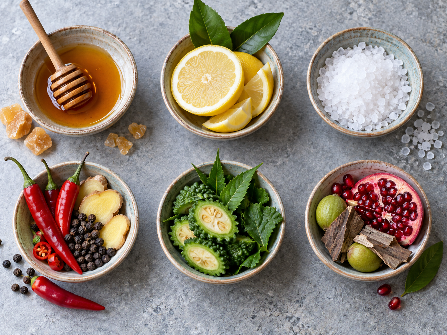 Six bowls with ingredients representing the six Ayurvedic tastes