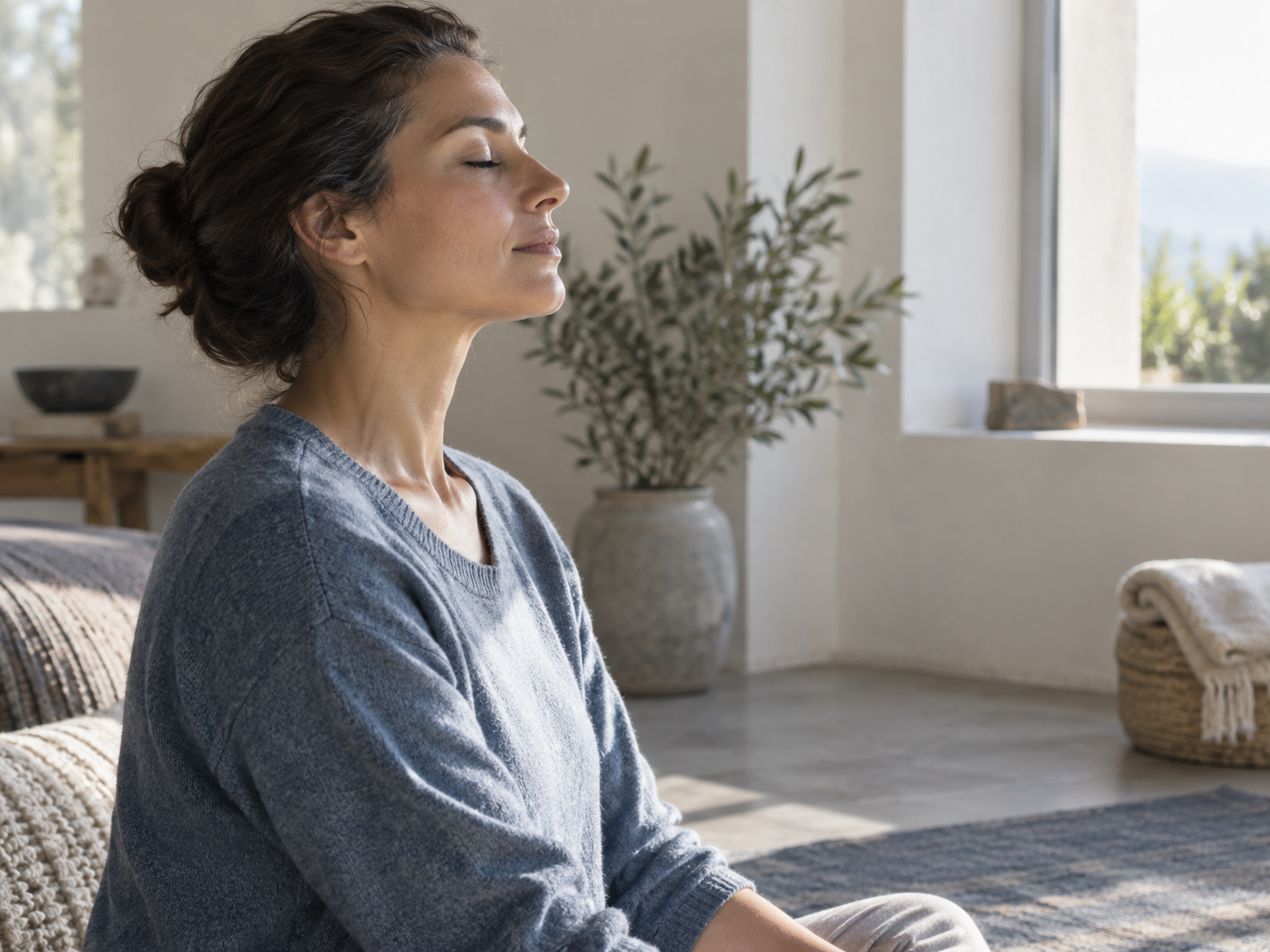 A person observing their breath while sitting in a peaceful setting