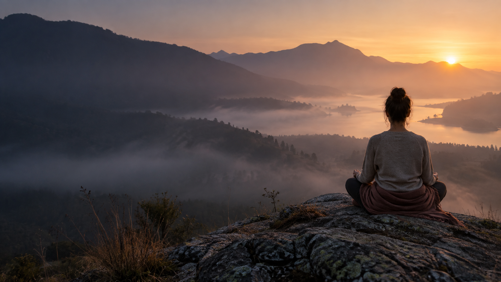 A person sitting in meditation in front of the mountains at dawn