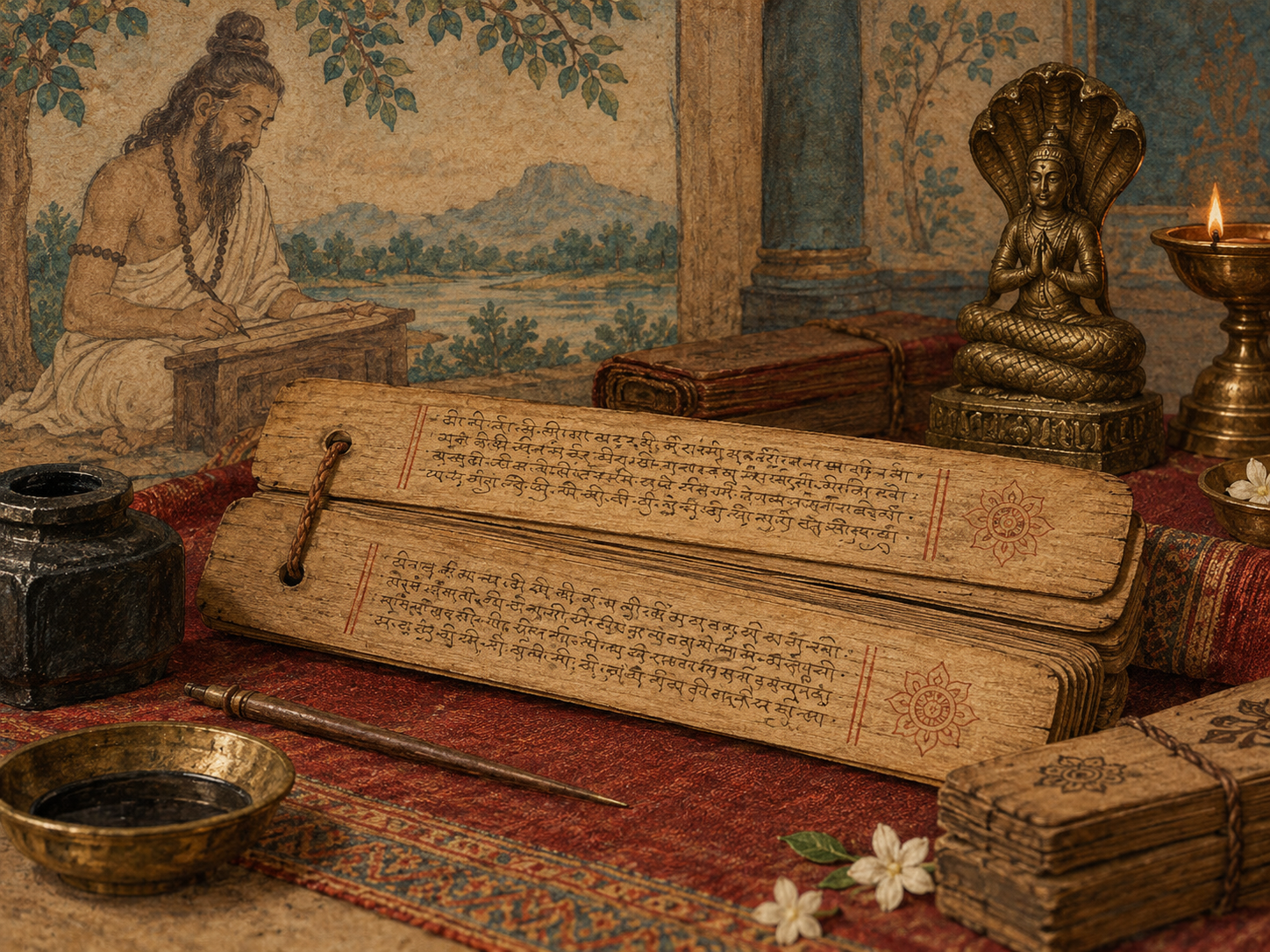 Illustration inspired by an ancient Indian manuscript and the tradition of Patañjali
